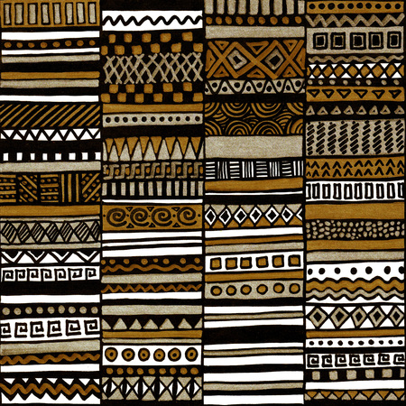 Interesting ethnic hand drawn seamless pattern with black and gold strips, lines and tribal ornament. Perfectly for textile, fabric, wallpapers, wrapping paper, cover, clothing.の写真素材