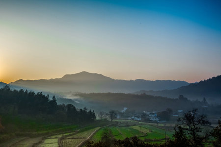 Fields and buildings in villageの写真素材