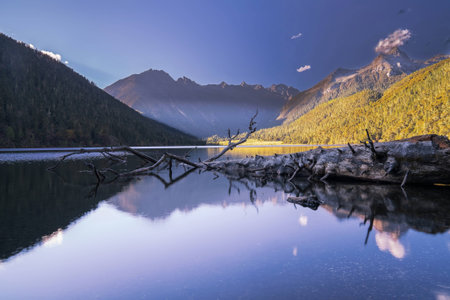 Panoramic views of plateau lakes and mountains in Western Sichuan Chinaの写真素材