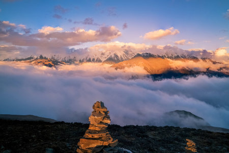 The golden snow mountain panorama of sunrise and sunset in Western Sichuan China