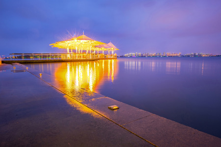 Empty lake and modern urban architecture skyline panorama in Suzhou Chinaの写真素材