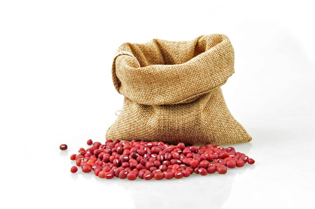 Red adzuki bean and sacks on a white backgroundの写真素材