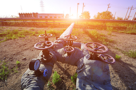 The pipe and valve oil fieldsのeditorial素材