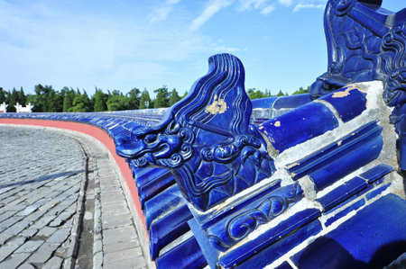 The ancient wall, blue glazed tile roof, located in the temple of heaven in Beijing, in Chinaのeditorial素材