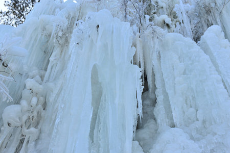 Winter landscape frozen waterfalls