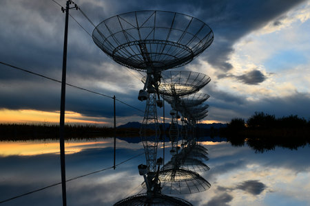 The observatory in the evening,The silhouette of a radio telescopeの写真素材