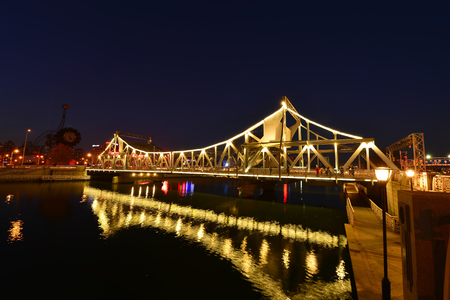 The modern city highway Bridges night landscape car light trails arc in tianjinのeditorial素材