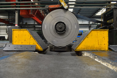 Hot rolled strip steel coil in the factory buildingの写真素材