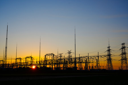 The power supply facilities in the evening the outline of the passage of timeの写真素材