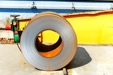 Hot rolled strip steel coil in the factory buildingの写真素材