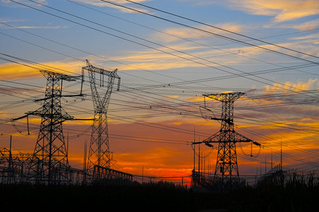 The power supply facilities in the evening the outline of the passage of time