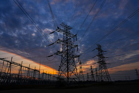 The power supply facilities in the evening the outline of the passage of timeの写真素材