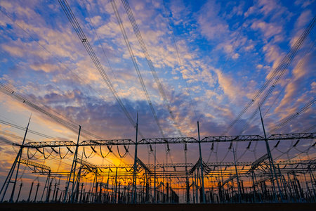 The power supply facilities in the evening the outline of the passage of timeの写真素材