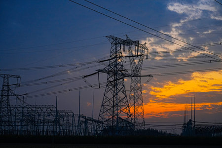 The power supply facilities in the evening the outline of the passage of time