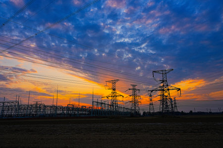 The power supply facilities in the evening the outline of the passage of time