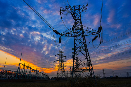 The power supply facilities in the evening the outline of the passage of time