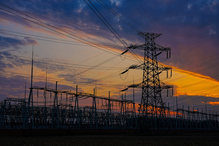 The power supply facilities in the evening the outline of the passage of time
