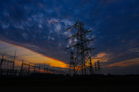 The power supply facilities in the evening the outline of the passage of time