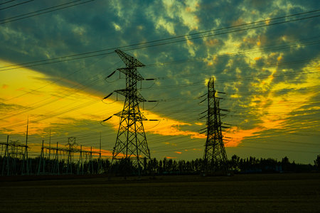 The power supply facilities in the evening the outline of the passage of timeの写真素材
