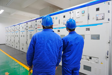 The power workers are conducting work inspections