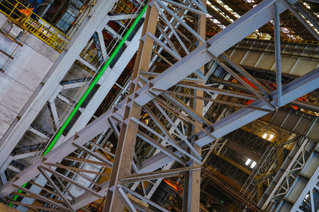 A panoramic photo of the rolling workshop of a large steel plant, with a huge steel structure roof...