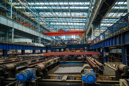 In the hot rolling workshop of a medium-sized steel enterprise within the steel plant, glowing red...