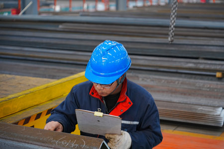 Steel mill workers command their work during operations