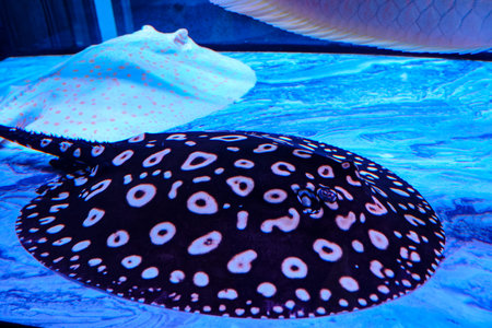 A black and white spotted stingray is the absolute protagonist, with a flat disc-shaped body and...