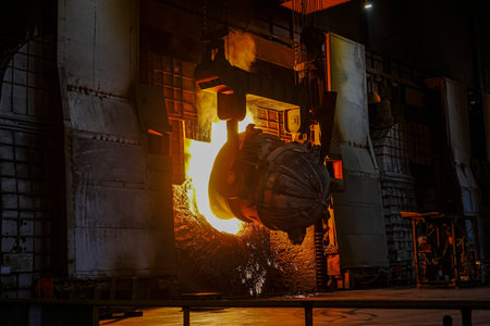 At the iron tapping site of a large steel plant's blast furnace, the red hot iron and scorching...