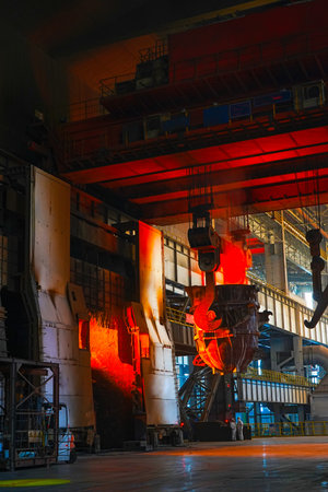At the iron tapping site of a large steel plant's blast furnace, the red hot iron and scorching...