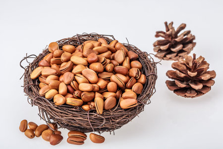 pine nuts on white background