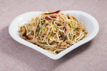 Chinese food bean sprouts fried shredded porkの写真素材