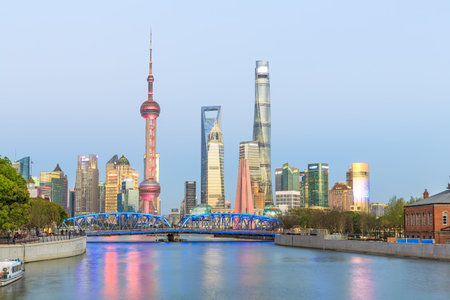 Building scenery in the evening on the Bund in Shanghai, China