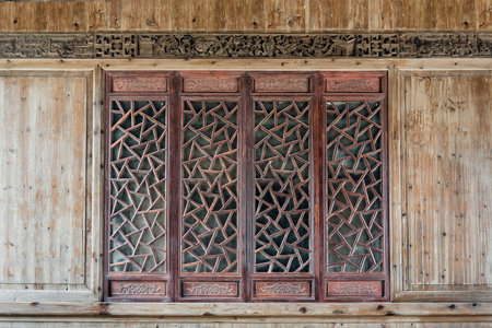 Chinese style wooden building lattice windowsのeditorial素材