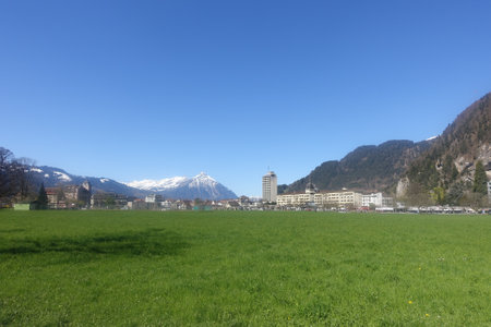 A natural landscape of snow-capped mountains taken in Interlaken, Switzerlandの写真素材