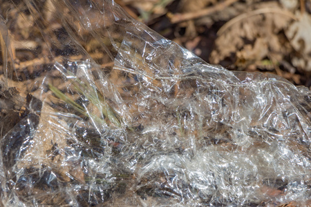 A horizontal texture of a piece of crumpled transparent cellophane is on a brown background in the parkの写真素材