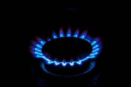 A gas burner with blue burning gas looks like flowerの写真素材