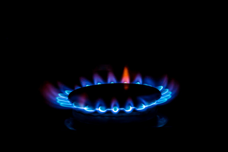 A gas burner with blue burning gas looks like flowerの写真素材