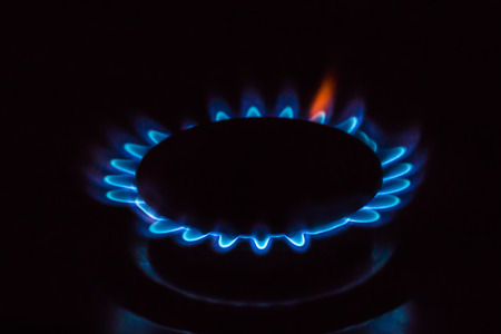 A gas burner with blue burning gas looks like flowerの写真素材