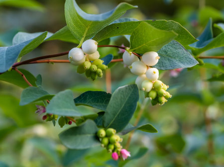 A branch of white and green berries Svidina white with green leaves is in a park in autumn