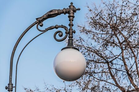 One beautiful street white round sphere lighting lantern with reflections on a black Steel stand is among the trees without leaves on the blue sky background in a park in autumn.の写真素材
