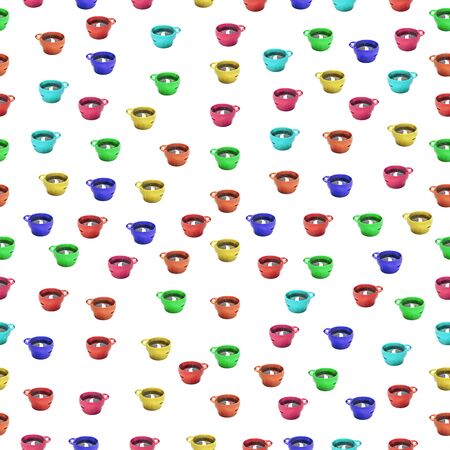 A Seamless pattern texture of Red blue yellow green orange plastic mugs with black hot tea with steam isolated on a white backgroundの写真素材