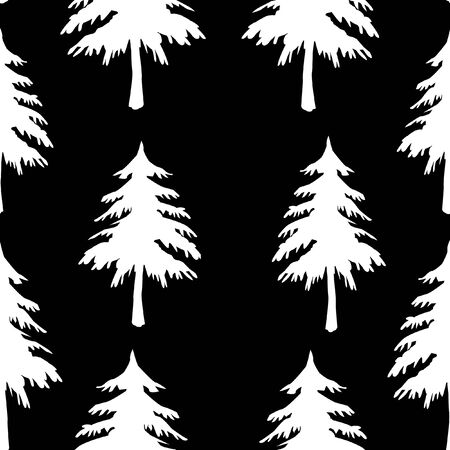 A seamless pattern texture of white carved Christmas fir trees is on a black backgroundの写真素材