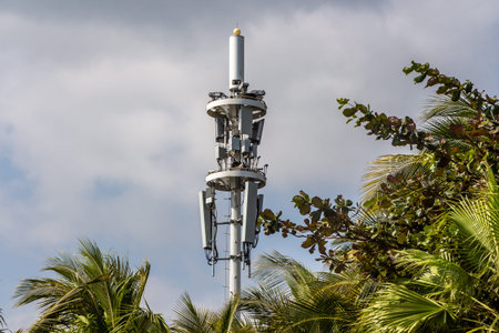 A gray metal cell tower carrying antennas of cellular networks on the blue sky with white clouds background and green trees and palmsの写真素材