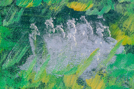 A beautiful horizontal texture painted in green and blue colors looks like flower landscape in...