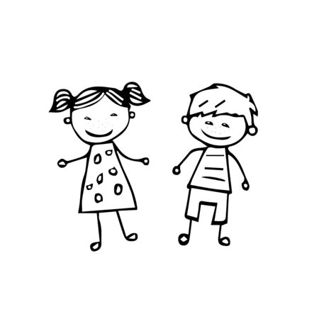 A beautiful hand-drawn vector illustration of a pair of children a boy and a girl isolated on a white background for coloring bookのイラスト素材