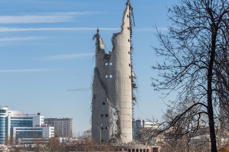 Yekaterinburg, Russia - 03 24 2018: The unfinished TV Tower in Yekaterinburg in Russia was detonated