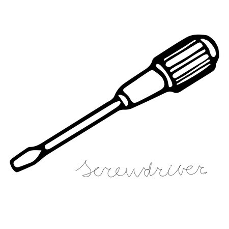 A hand-draw black vector illustration of metallic locksmith tool isolated on a white background with lettering screwdriverのイラスト素材