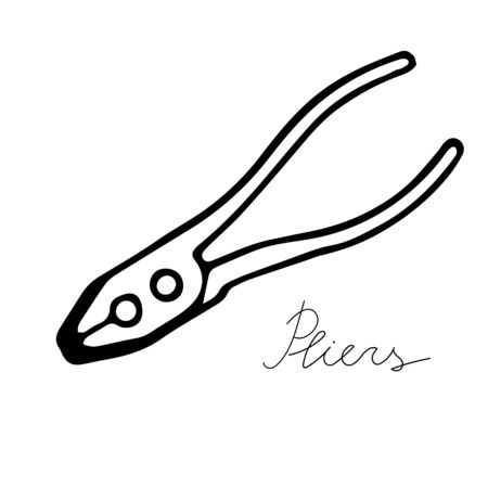 A hand-draw black vector illustration of metallic locksmith tool isolated on a white background with lettering pliersのイラスト素材