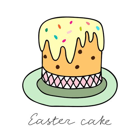 Color hand-drawn vector illustration of a cake with a colorful sweet decoration isolated on a white background with lettering Easter cakeのイラスト素材